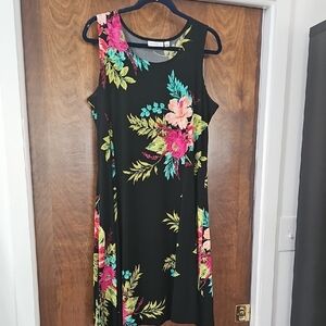 Susan Graver Black Sleeveless Midi Dress with Pink, Teal & Lime Floral Print